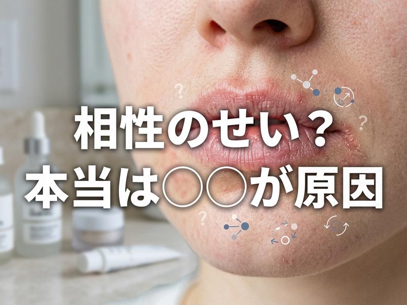 唇の荒れに悩む顔とスキンケア製品。「相性のせい？本当は〇〇が原因」の文字。