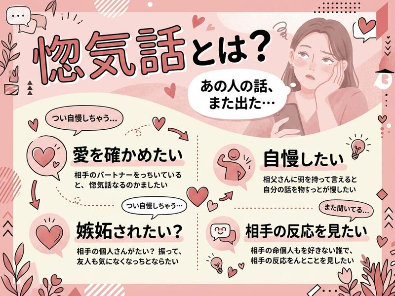 「惚気話とは？」をテーマに、うんざり顔の女性と、話す側の心理（愛の確認、自慢など）を解説する図。