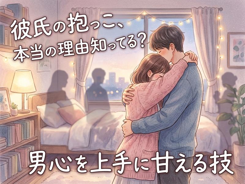 部屋で抱き合う彼氏と彼女のロマンチックなイラスト。「彼氏の抱っこ」と「甘える技」に関する内容。
