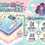 彼氏に抱っこされたい体重と、姿勢・食事・運動・笑顔による健康法のイラスト。