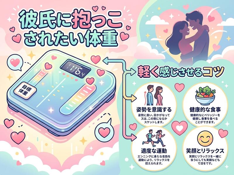 彼氏に抱っこされたい体重と、姿勢・食事・運動・笑顔による健康法のイラスト。