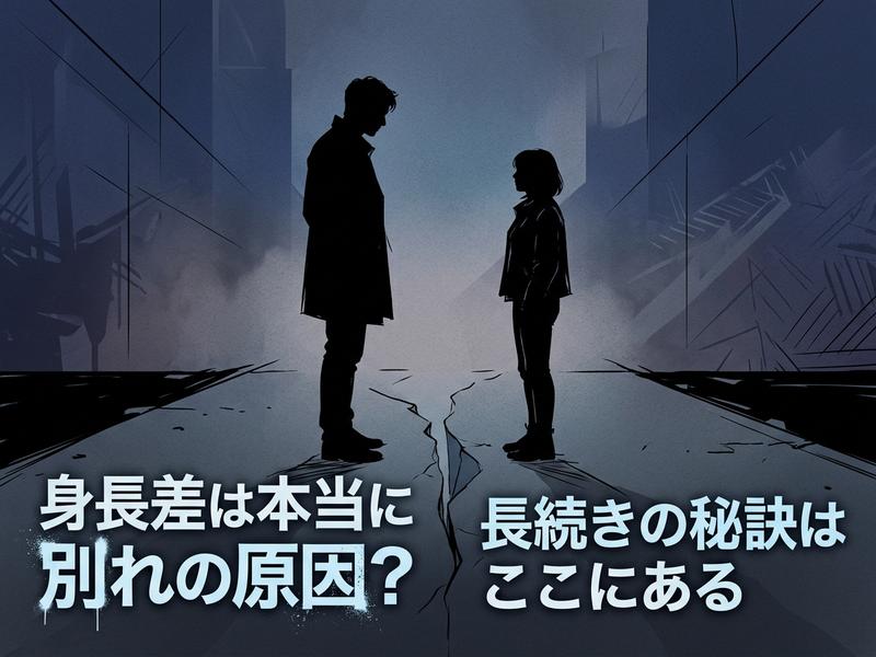 身長差や関係の悩みをテーマに、亀裂の入った地面で向かい合う男女のシルエット。