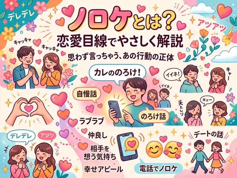 「ノロケ」の意味を恋愛目線で優しく解説するイラスト。