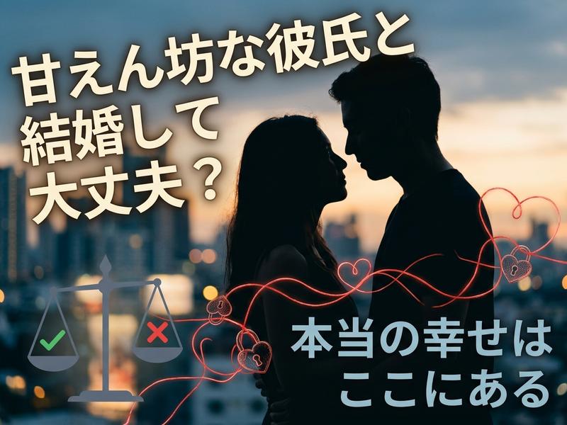 甘えん坊な彼氏との結婚を悩むカップルと、「本当の幸せ」のメッセージ画像