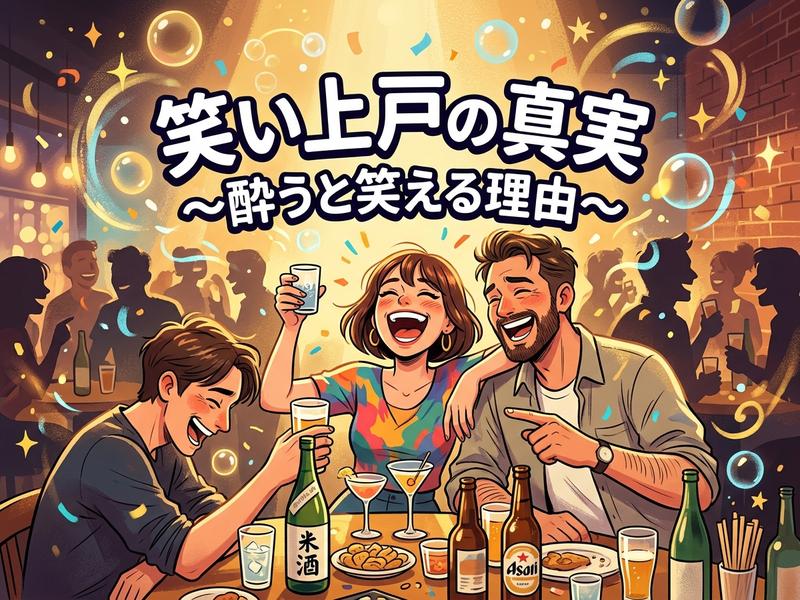 「笑い上戸の真実」の文字と、楽しそうに酒を酌み交わし笑う男女3人。