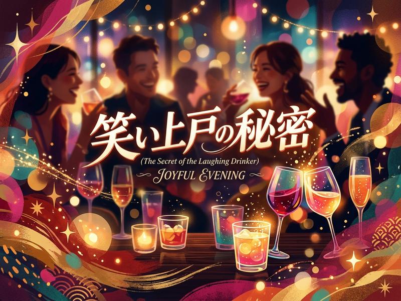 笑顔の男女がお酒を囲み、きらめく楽しい夜のイラスト。