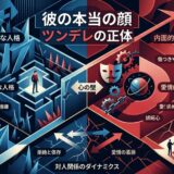 ツンデレの外面と内面、心の壁と対人関係を図解したイラスト。