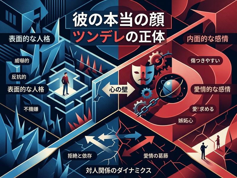 ツンデレの外面と内面、心の壁と対人関係を図解したイラスト。