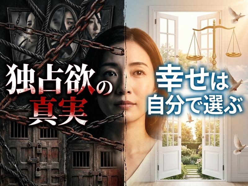 独占欲の真実と、幸せを自分で選ぶことの対比を描いた女性の心のイメージ。