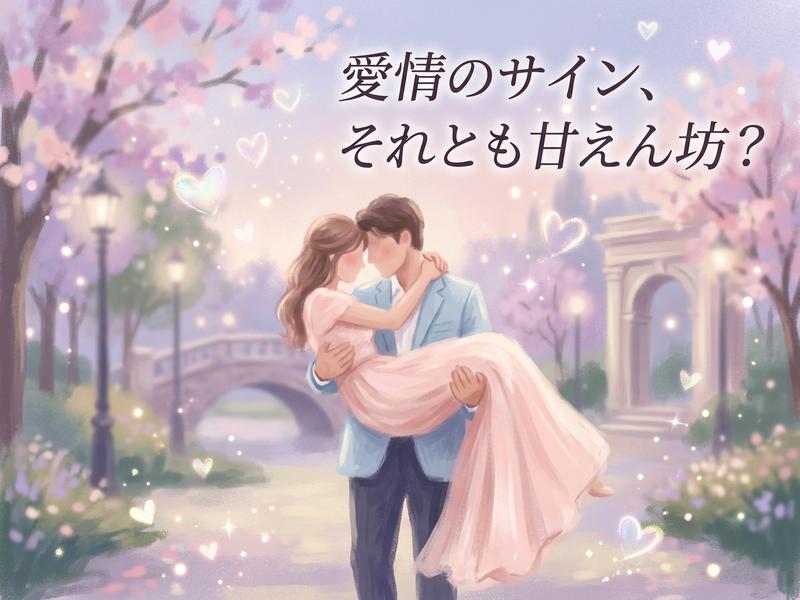 桜並木の下、男性が女性をお姫様抱っこし見つめ合うロマンチックなイラスト。