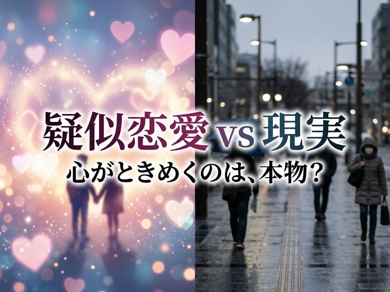 疑似恋愛の輝く世界と雨の現実の街を対比し、恋の本物を問う画像。