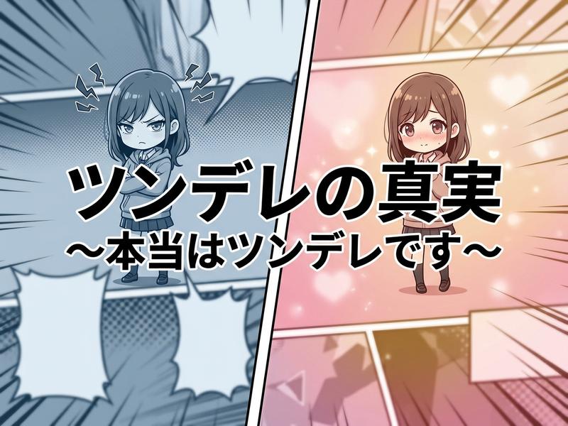 「ツンデレの真実」をテーマに、怒るツン顔と照れるデレ顔の女の子のイラスト。