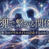 魂で繋がる関係をテーマに、光が交錯する宇宙空間で向き合う男女のシルエットを描いた神秘的なイラスト。