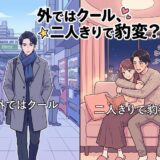 外ではクールな男性が、二人きりで恋人に優しく豹変する様子を描いたイラスト。