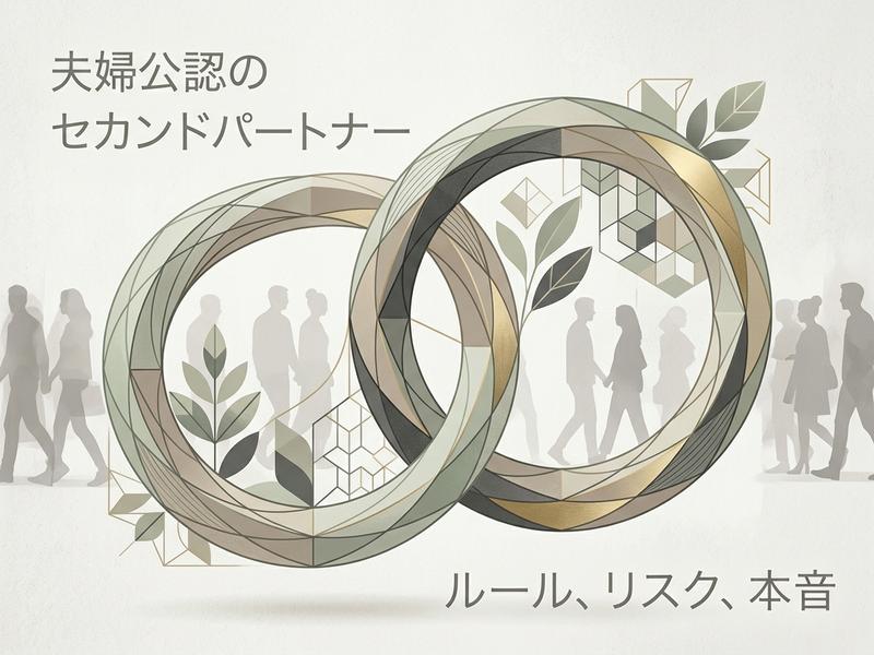 「夫婦公認セカンドパートナー」をテーマに、繋がる二つのリングと人々のシルエットを描いたイラスト。