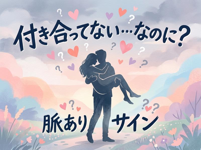 付き合ってないのに脈あり？男性がお姫様抱っこするカップルのシルエットとハート、疑問符のイラスト。