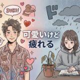 「可愛いけど疲れる」関係を示す。喜ぶ男性と疲弊した女性。