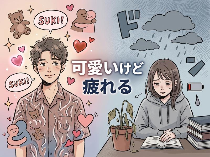 「可愛いけど疲れる」関係を示す。喜ぶ男性と疲弊した女性。