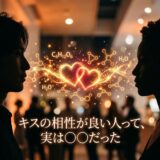 キスの相性を化学的に表現した男女のシルエットと、ハート、分子の画像。