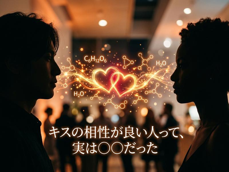 キスの相性を化学的に表現した男女のシルエットと、ハート、分子の画像。