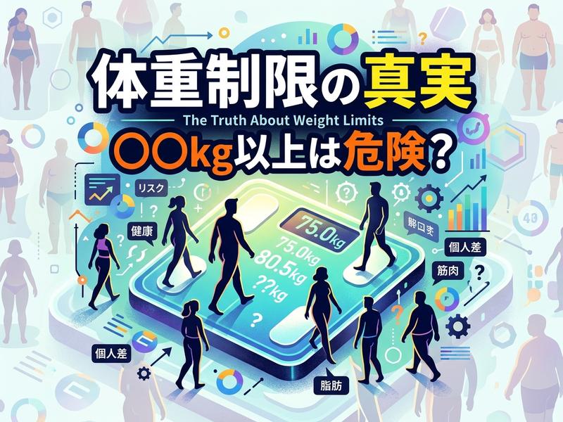「体重制限の真実」をテーマに、様々な体型の人がスマホアプリで体重を測り、健康やリスク、個人差を考えるイラスト。