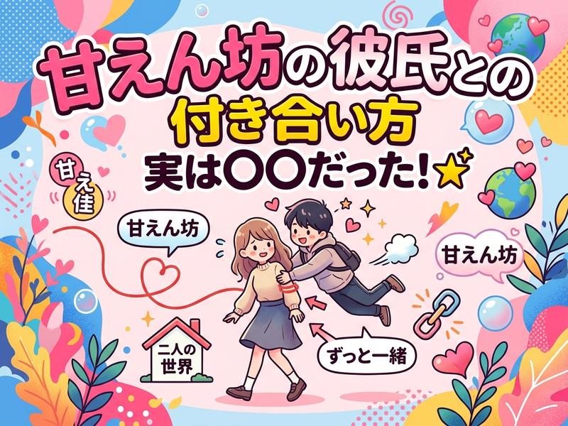 甘えん坊の彼氏と女性が寄り添う、かわいらしいカップルのイラスト。