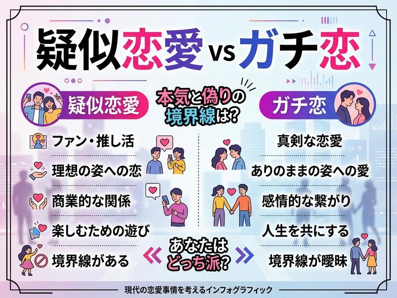 「疑似恋愛」と「ガチ恋」の違いや境界線を比較したインフォグラフィック。