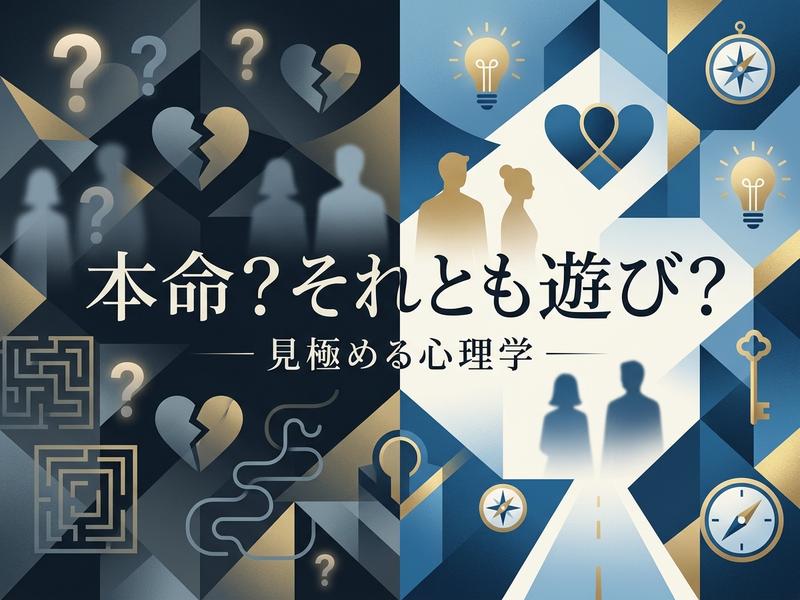 「本命？それとも遊び？」を見極める心理学の概念図。疑問や困難、解決や希望のシンボルで構成。
