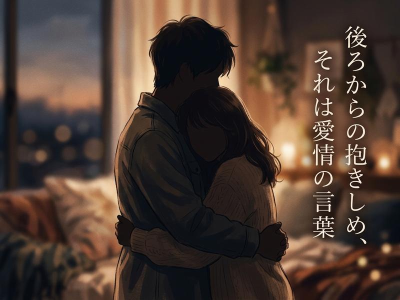 夕暮れの部屋で抱き合うカップルのイラスト。「後ろからの抱きしめ、それは愛情の言葉」という文字入り。