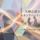 幾何学模様と光の抽象的な背景に「夫婦公認のセカンドパートナー」の文字と男女のシルエット。