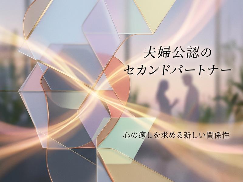 幾何学模様と光の抽象的な背景に「夫婦公認のセカンドパートナー」の文字と男女のシルエット。
