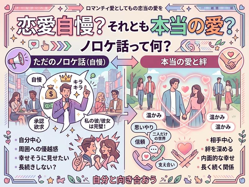 恋愛の自慢話（ノロケ）と本当の愛の違いを比較した解説イラスト。