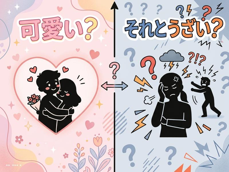 カップルの「可愛い？」と「うざい？」感情の対比イラスト。