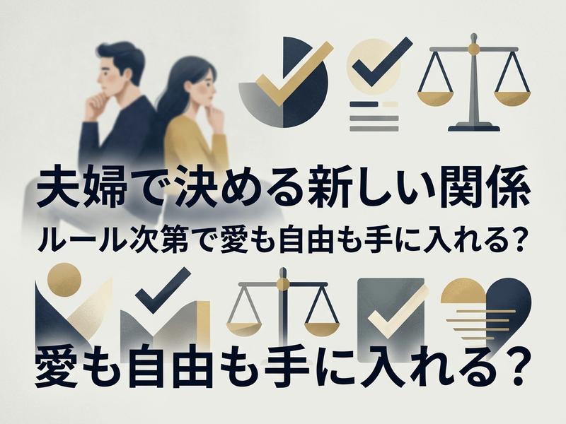 夫婦が愛と自由を手に入れる新しい関係のルールを考えるイラスト。