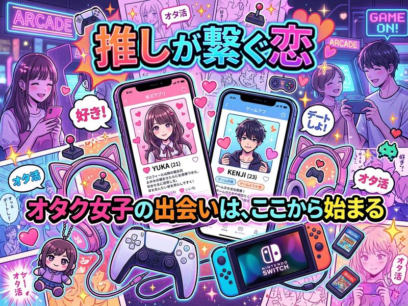 「推しが繋ぐ恋」をテーマに、オタク活動での男女の出会いを描いたイラスト。
