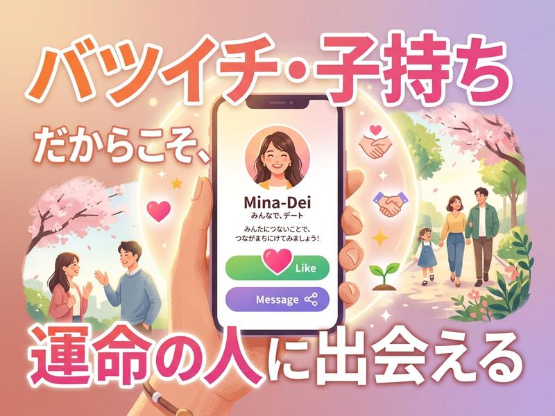 バツイチ・子持ち向けマッチングアプリ広告。運命の出会いを描く。