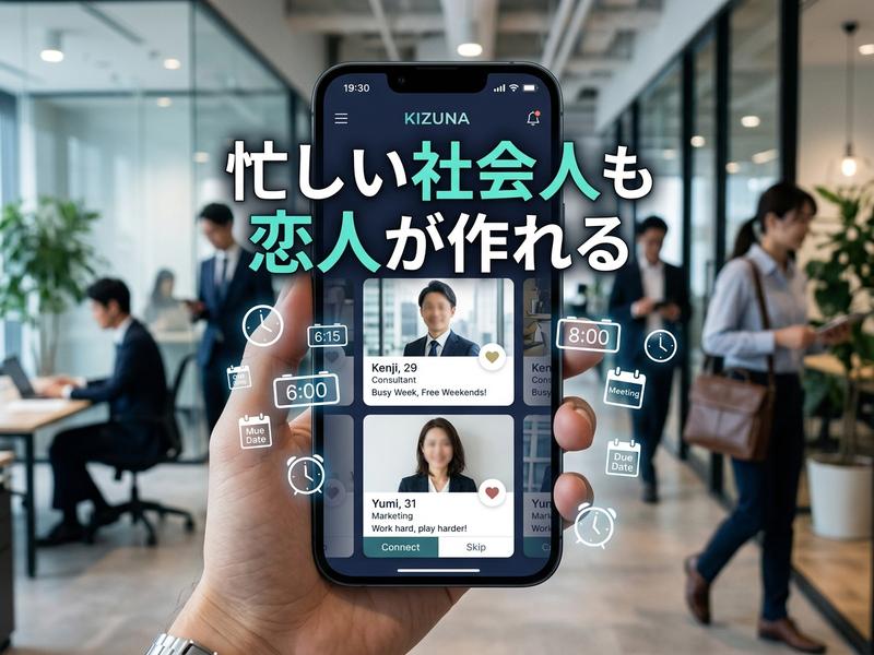 忙しい社会人向けマッチングアプリ「KIZUNA」がスマホに表示されたオフィス風景。