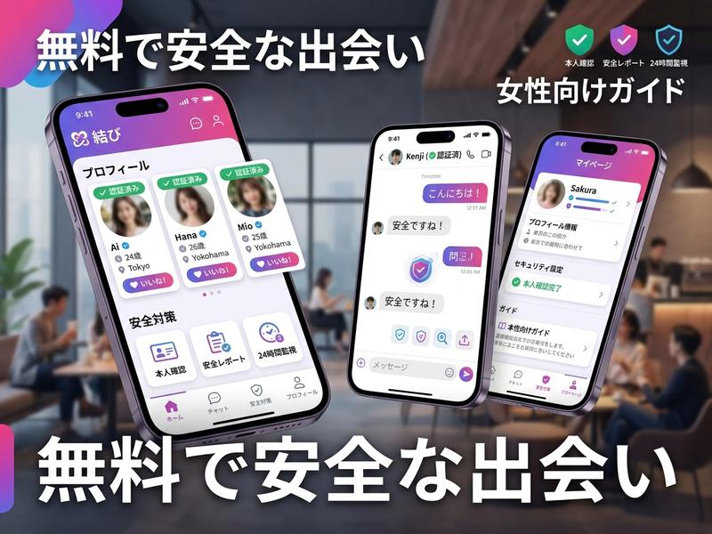 無料で安全な出会いを提供するマッチングアプリのスマホ画面。本人確認や女性向けガイドを強調。