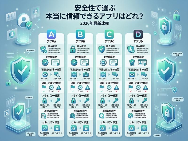 安全性で選ぶアプリ比較2026年版。本人確認、プライバシー、セキュリティ機能を紹介。