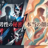 S男性の秘密と本当の顔、二面性を表現するイラスト。