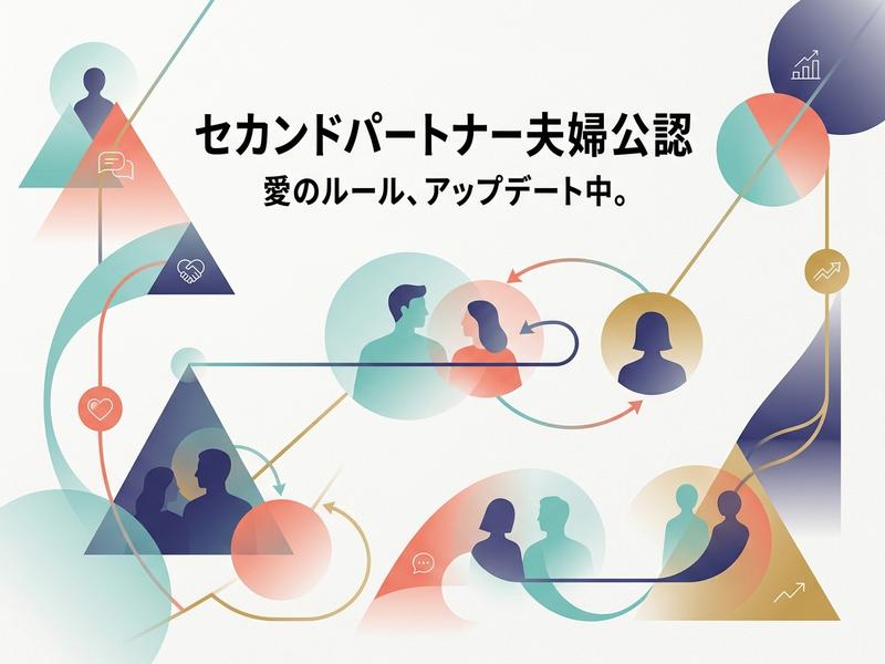 複数の人間関係と「セカンドパートナー夫婦公認 愛のルール、アップデート中。」の文字が描かれた抽象イラスト。