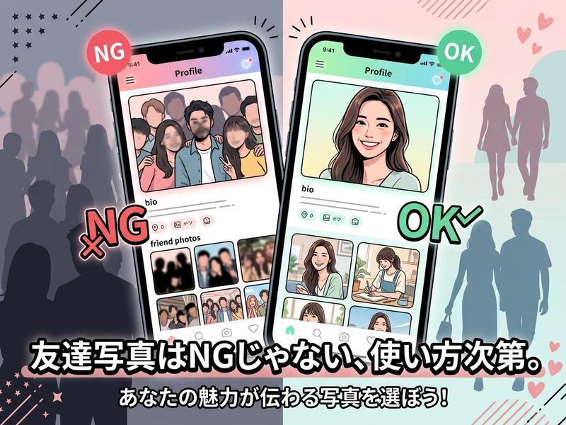 恋活・婚活アプリのプロフィール写真のOK/NG例を比較するイラスト。