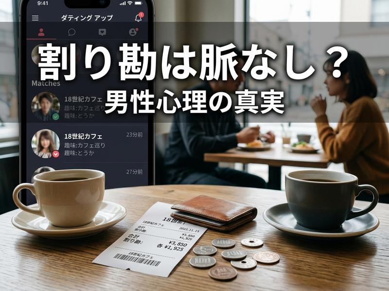 カフェで割り勘レシートと男女、マッチングアプリ画面。「割り勘は脈なし？」とキャプション。
