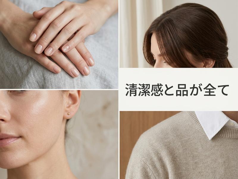 「清潔感と品が全て」というコンセプトの、女性の肌、手、ファッションのコラージュ。