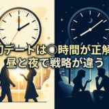 初デートの最適な時間を昼夜の異なる戦略で解説する時計と男女のイラスト。