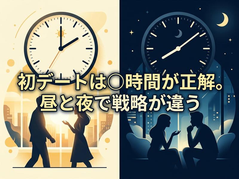 初デートの最適な時間を昼夜の異なる戦略で解説する時計と男女のイラスト。