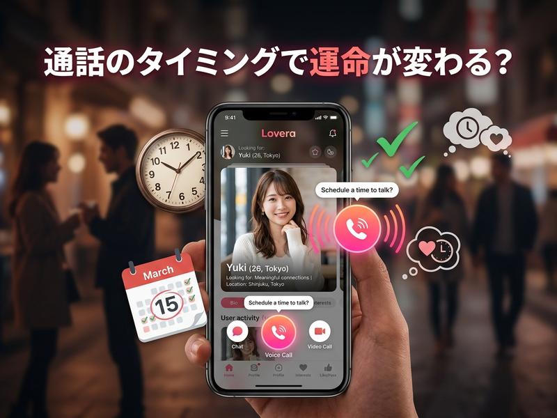通話のタイミングで運命が変わる？マッチングアプリLoveraの画面と時計、カレンダー。