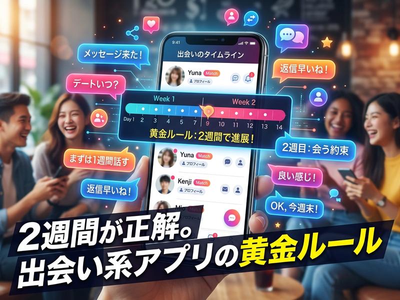 マッチングアプリの黄金ルール：2週間で進展を促すスマホ画面と人々。