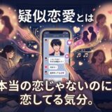 スマホでイケメンと疑似恋愛し、恋をしている気分になる女性のイラスト。