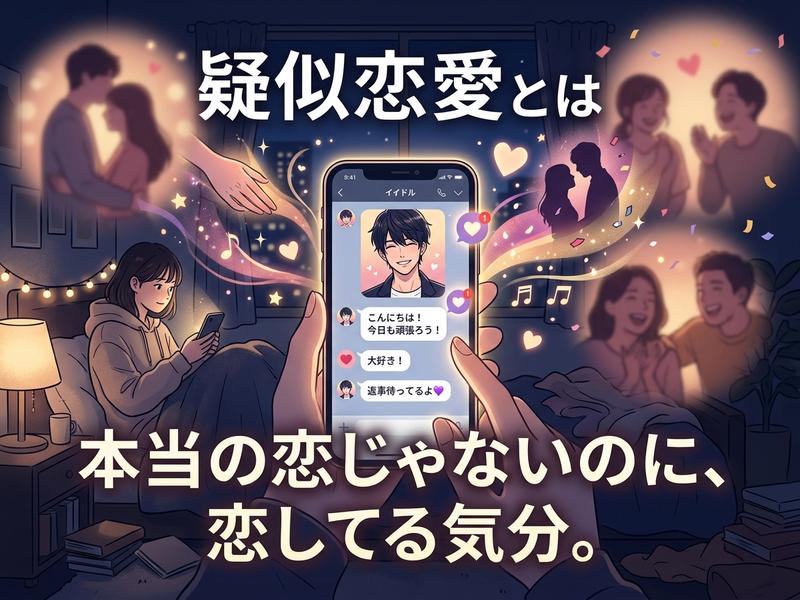 スマホでイケメンと疑似恋愛し、恋をしている気分になる女性のイラスト。